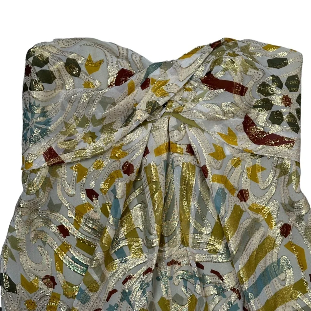 Nicole Miller Collection Size 4 Strapless Silk Bohemain Top Lurex Gold Metallic - Picture 7 of 13